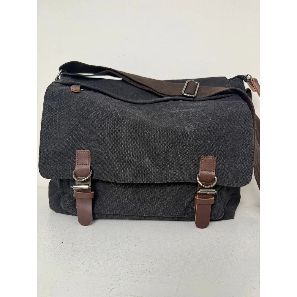 Canvas Messenger Bag Charcoal Gray Crossbody Laptop Satchel Multi-Pocket Utility